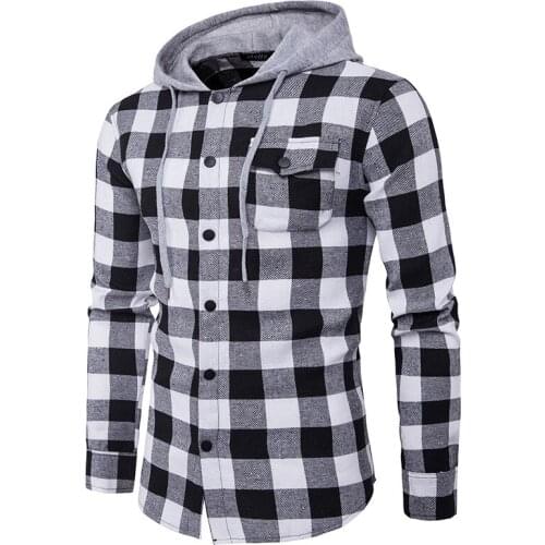 Fashion Black White Plaid Hoodies Sweatshirts Mens Slim Fit Long Sleeve Mens Hooded Shirts Hipster Plaid Shirt With Pockets XXL