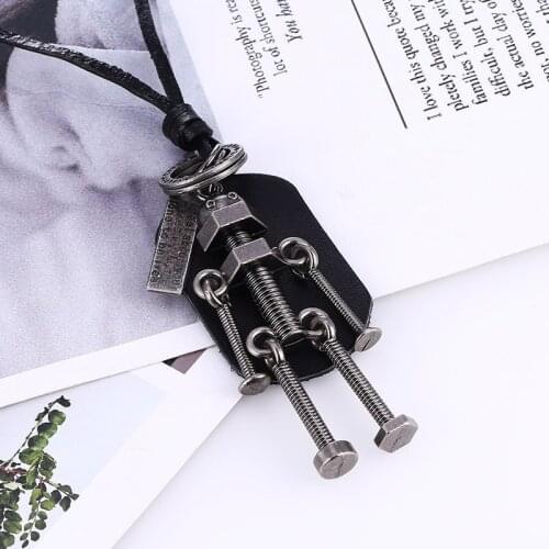 Fashion Punk Leather Necklaces For Men Women Long Stainless Steel Robot Axe Pendant Necklace Male Female 2019 Jewelry Wholesale