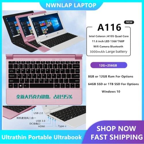 12GB RAM+256GB M.2 SSD 11.6 inch Intel Celeron J4105 Quad Core 1.5GHz Laptop Computer Windows 10 WIFI HDMI WEBCAM