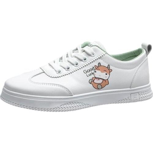 2021 Spring New Small White Shoes Womens Casual Simple Cartoon Round Head Flat Bottom Strapping Fashion Womens Board Shoes