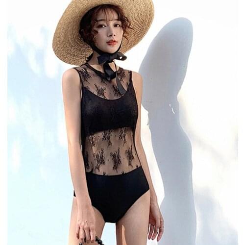 South Koreas new small fresh ladies swimsuit cover belly beautiful back sexy mesh transparent stitching one-piece bikini
