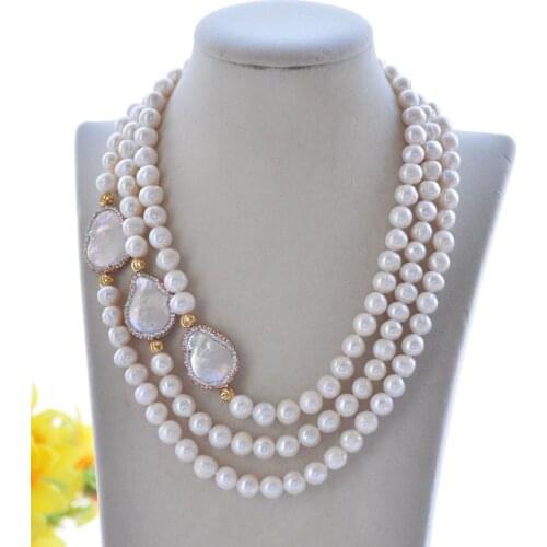 P7504 3Row 28mm White Round & Coin CZ Pearl Necklace Choker Women jewelry