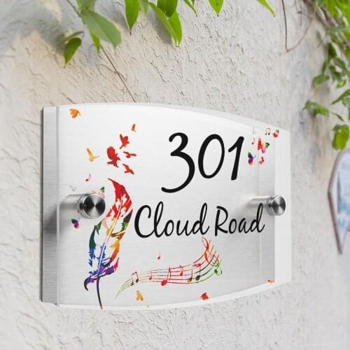 Feather Love Personalized Modern House Number Door Sign Plaque Street Acrylic Matte Glass TOP