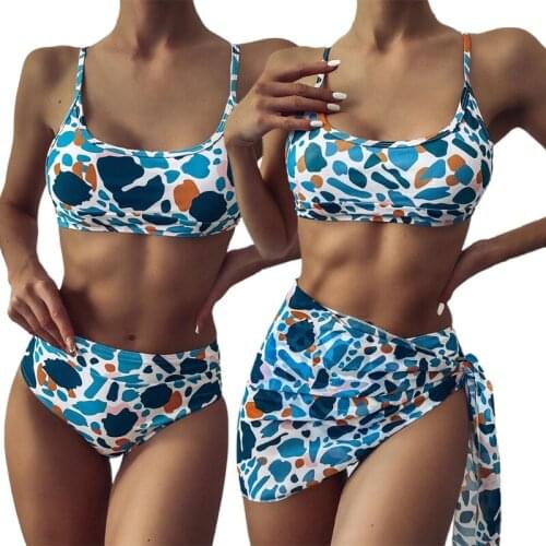 Sexy 3pcs Swimsuit Set Women Blue Leopard Print Brazilian Bikini Padded Bra Thong Bathing Suit With Sarong Coverup Skirt