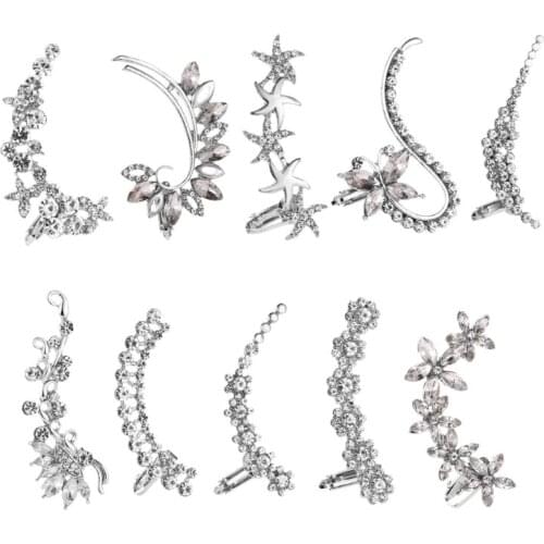 10Pcs Crystals Flower Stars Ear Wrap Crawler Hook Earrings Ear Cuff Non Piercing Clip on Cartilage Earrings Kit Jewelry