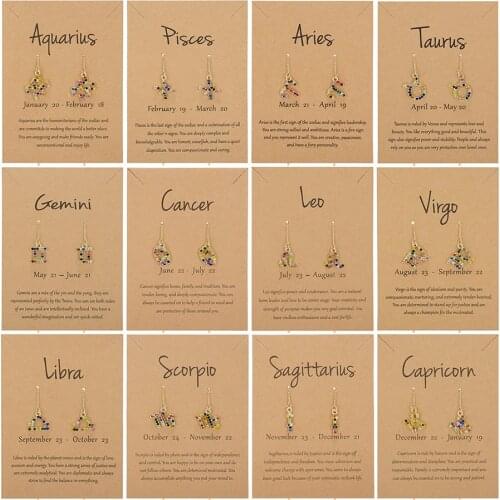 Mixed-Color Rhinestone Twelve Constellations Zodiac Sign Long Chain Pirecing Drop Earring For Women Party Jewelry
