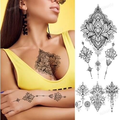 Sternum tattoo underboob black henna lace temporary tattoo women mandala breast waterproof tattoo stickers sleeve armband hand