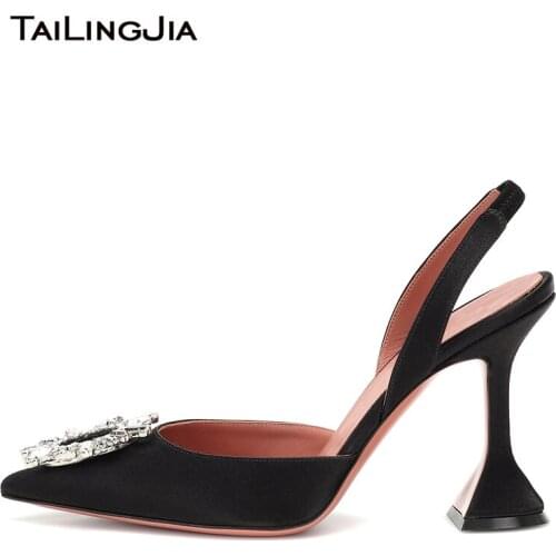 Pointed Toe Slingback Pumps with Crystals Women High Heel Slingbacks 2020 Ladies Black High Heels Woman Heeled Shoes Footwear