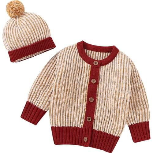 Spring Autumn Toddlers Sweater Coats Baby Boys Girls Mixed Color Long Sleeve Single-breasted Knitted Outwear+Plush Ball Cap Coat