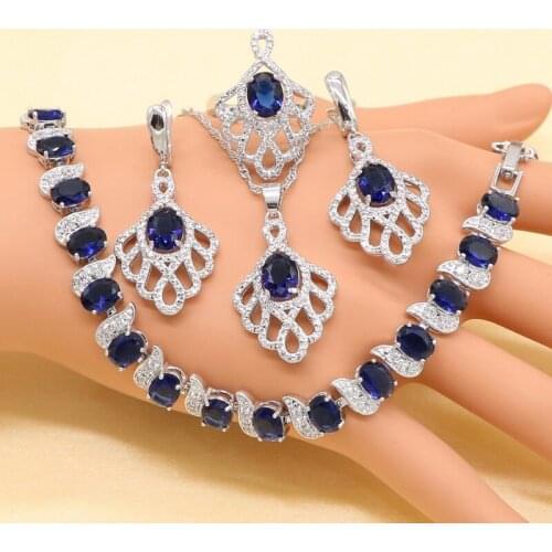 XUTAAYI Silver Jewelry Set For Women White Cubic Zirconia Blue Earring Necklace Ring Bracelet
