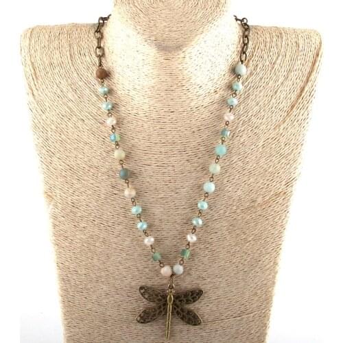 Fashion Jewelry Natural Stone & Glass Rosary Chain Metal Pendant Necklaces For Women Ethnic Necklace