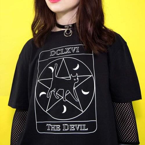 Dclxvi The Devil Women Tshirt Kitty Tarot Graphic Tees Women Halloween Cats Kawaii T-shirt Grunge 90s Funny Tops Dropshipping