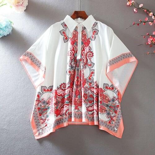 Womens Spring Summer Designer Plus Size Print Batwing Sleeve Silk Shirt Female Casual Loose T Shirt Top TB468