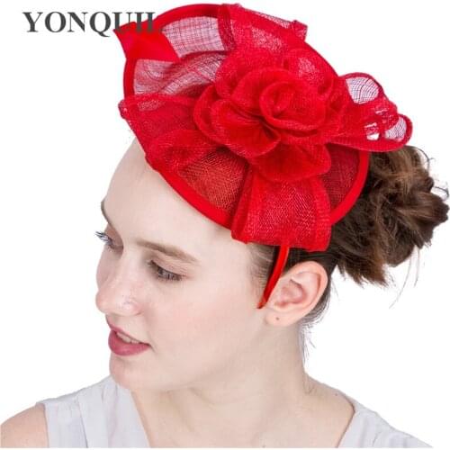 Bridal Gorgeous Mariage Red Hat Fascinator Headband Women Vintage Party Headpiece Sinamay Hat Formal Dress Occasion Chapeau Cap