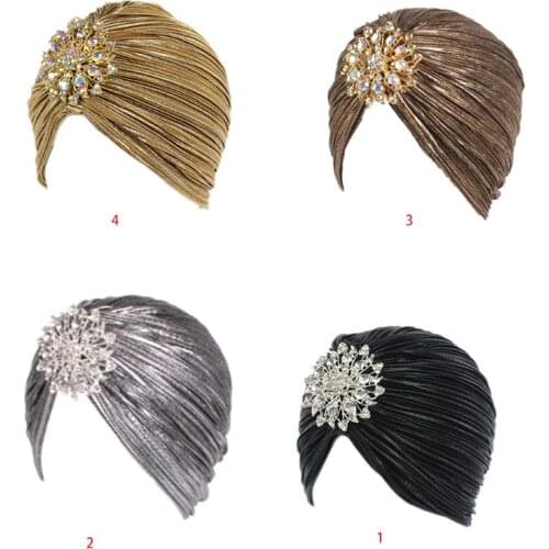 Women Indian Turban Hat Head Wrap Pleated Soft Velvet Hair Hijab Cap with Brooch Q1QA
