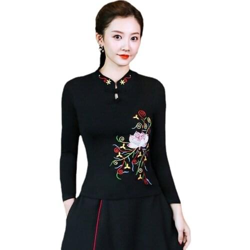 Cheongsam Womens Plus Size Tops 2021 Autumn Cotton Blend Embroidery Stand Collar Long Sleeves Chinese Qipao Retro Shirts G246