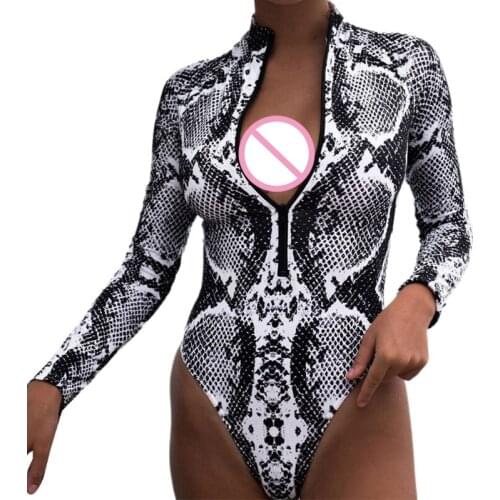 Snakeskin Print Long Sleeve Swimsuit Womens Sexy Half Zipper Deep V-Neck Monokini One-Piece Swimwear Push Up Padded Surfing G32E