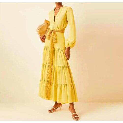 Vintage Designer Women Solid Dress Long Sleeve V-Neck A-Line Dresses 7118