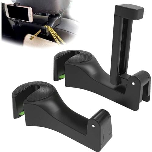 2 in 1 Car Vehicle Back Seat Headrests Hooks with Mobile Phone Holder, 2 Pack Universal 360° Rotation Car Seat Accessories Hooks