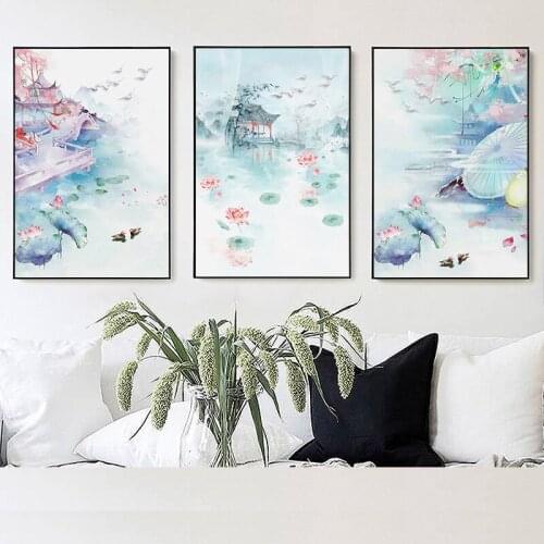2017 New Pattern Diamonds Full Bore A Living Room Stick Drill Cross Embroidery Antique Lotus Pond Triptych Aestheticism Fresh