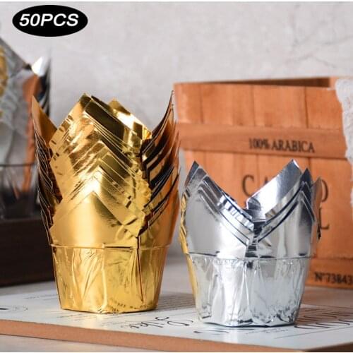 50Pcs Golden Silver Tulip Cupcake Baking Cup Wedding Party Oil Proof Muffin Cupcake Wrapping Paper Tray