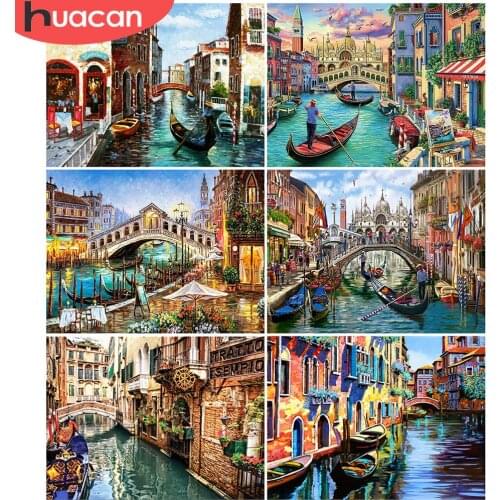 HUACAN 5D DIY Full Square Diamond Painting City Venice Diamond Embroidery Scenery House Mosaic Rhinestone River Home Decoration
