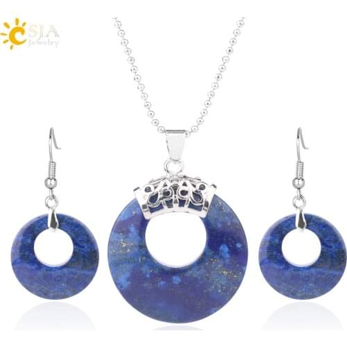 CSJA Natural Stone Lapis Jewelry Set Round Hollow Bead Pendant Necklace Drop Earring for Women Popular Reiki Jewellery Gift F615