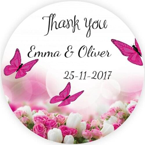 DouxArt 100 Pieces Custom Personalized, Thank You Wedding Stickers, 40mm Butterfly Wedding Party Baptism Communion Label P057