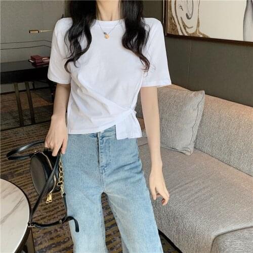 2 Color Cotton T Shirt Women Summer Sexy T Shirt Round Neck Short Sleeve Folds Cropped Tops Ladies Shirt Fashion Women Tshirt
