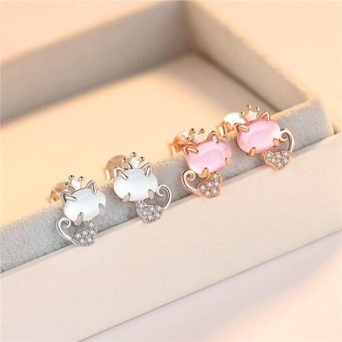 Exquisite Silver Plated Crystal Stud Earrings Sweet Cute Cat Earrings Cocktail Party Womens Earrings Charming Lovers Jewelry