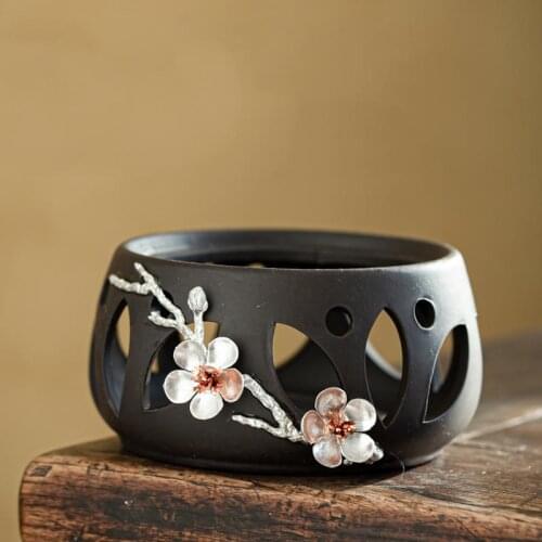 Chinese Ceramic Candle Holder Tin Plum Flower Decor Teapot Heating Warmer Base Coffee Milk Candle Tea Stove Tea Set Accessories