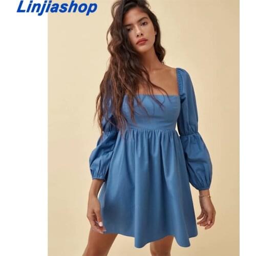 Women France Stule Square Collar Mini Dresses Women Summer Elegant Long Sleeve Sexy Summer Dress