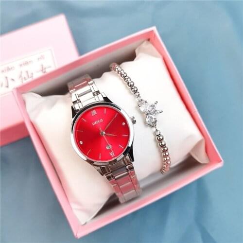 Minimalist Lady Watch Butterfly Bracelet Set Blue Black Red Fashion with Calendar Small Dial Creative Womens Watch