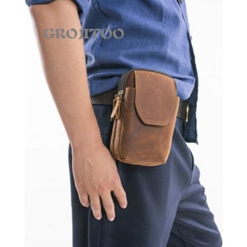 GROJITOO Genuine leather mens waist bag multi functional top leather wallet casual Mini crazy horse leather bag