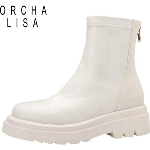ORCHALISA 2021 New Designer Brand Ankle Boots Women Platform Stretchy Soft Leather Bootie Zip Low Heel Black White 33-4 S2428