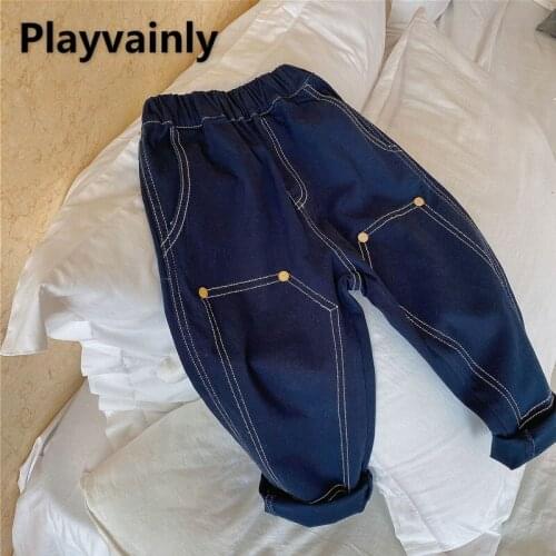 2021 Korean Style New Autumn Boys Girls Jeans Elastic Waist Gold Clasp Loose Haren Pants Casual Denim Trousers Kids Clothes E601