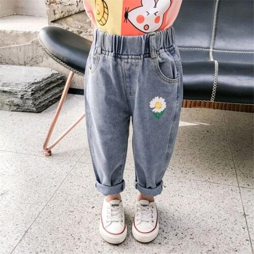 2-7T Jeans For Girl Toddler Kid Flower Print Denim Pant Elegant Cute Sweet Loose Child Trousers Infant joggers Spring Streetwear