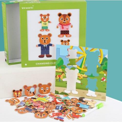 Cartoon Bear Dress Changing Jigsaw Puzzle Wooden Toy Montessori Educational Change Clothes Toys For Children Gift