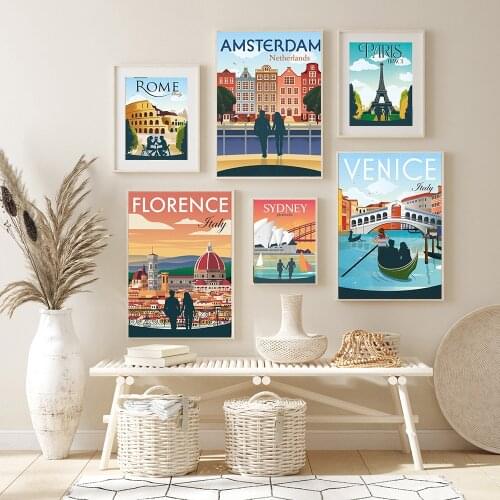 Couple Travel Resort Poster and Print Cartoon City Landscape Canvas Painting Retro Rome Paris Sydney Wall Art Picture Home Decor