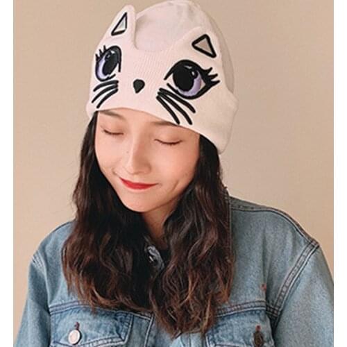 Japanese Women Winter Warm Knitted Cuffed Beanie Hat Cute Big Eyes Cat Embroidered Holographic Ears Windproof Skull Cap
