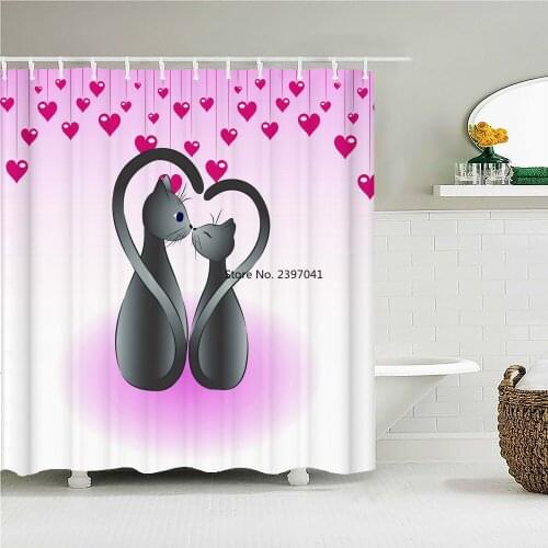Lovers Cat Fabric Shower Curtain Bathroom Curtains Pink Romance love Waterproof Bath Screen Multi-size with 12 Hooks