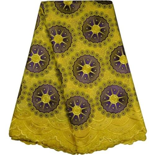 Yellow Color Eyelet Cotton Swiss Lace Fabric With Stones Soft Embroidered African Swiss Dry Lace Material For Wedding F699