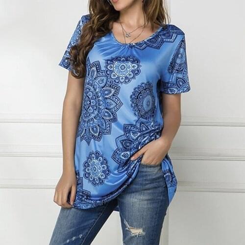 Womens Summer Fashion Short-Sleeved Printed Loose Casual T-Shirt Top Blue L Size