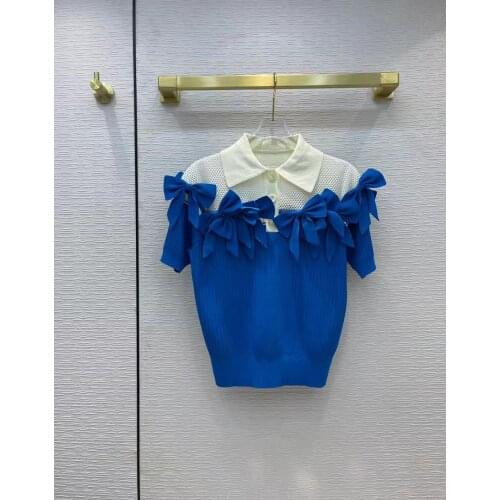 2021 New Summer Women Knitted Shirt Short Sleeve Bow Hollow Out Color Patchwork Ladies Woman Casual Sweater Tops