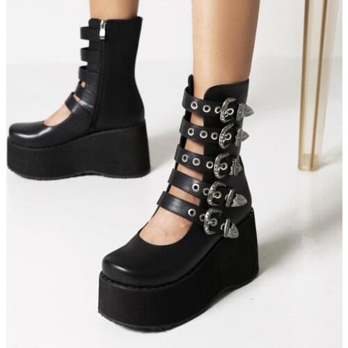 Womens Platform Belt Metal Buckle Cut Out Ankle Boots Wedge High Heel Shoes Sandals Punk JK Black White Plus Size 46 47 48