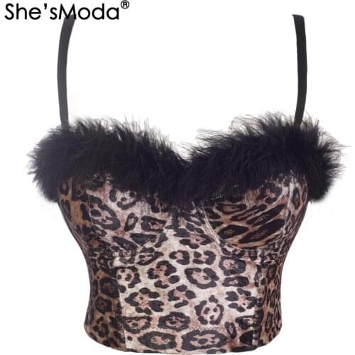 ShesModa Leopard Velvet Feather Womens Bra Christmas Bustier Diamonds Night Club Party Cropped Top Vest Plus Size