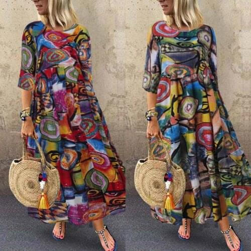 2021 Autumn Summer Dress Women Vintage Vestidos ZANZEA 2021 Pleated Printed Long Maxi Dresses Tunic Plus Size Femme 3/4 Sleeve