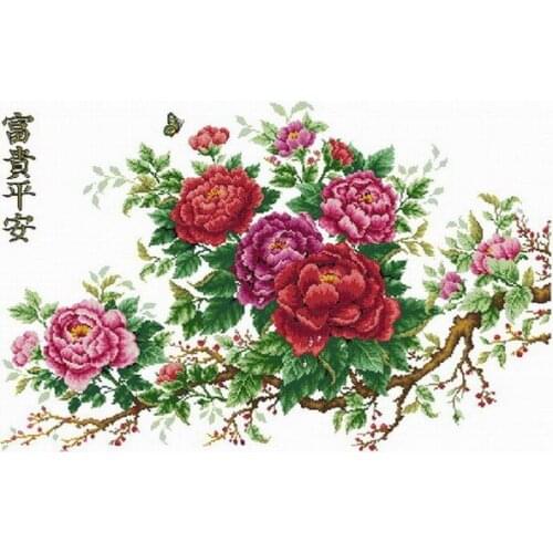 Gold Collection Popular Counted Cross Stitch Kit Red Peony Peonies Flower Flowers and Butterfly Fu Gui Ping An