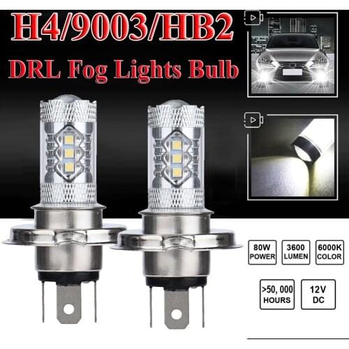 2Pcs 12V H4 Fog Light LED Headlight 9003 HB2 1800LM 80W Hi/Low Beam Driving DRL Lamp White Head Lamp 360 Degree beam Angle