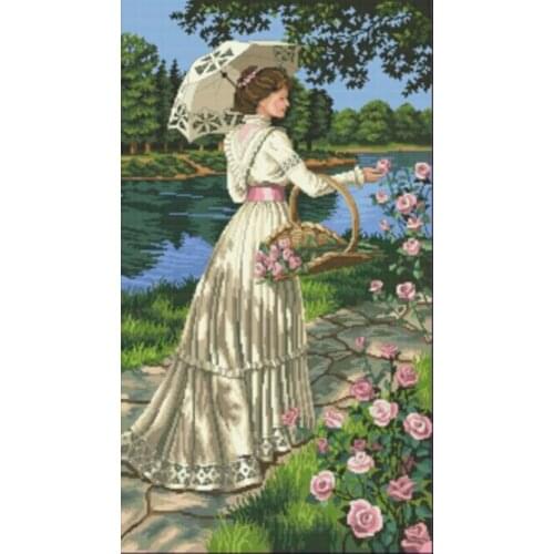 43X69CM, 14CT Free Delivery beautiful nostalgic counted cross stitch kit Dim 03868 in her garden park lady woman girl flower